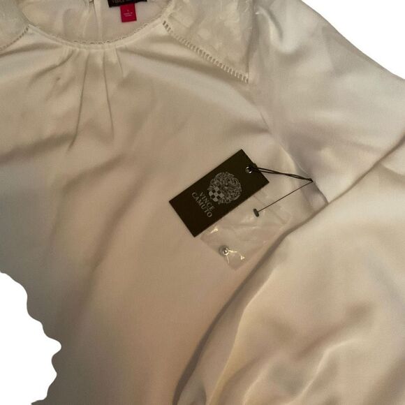 Vince Camuto Blouse Round Neck White New Ivory Lace Bishop Sleeves Lined Small - Picture 8 of 11